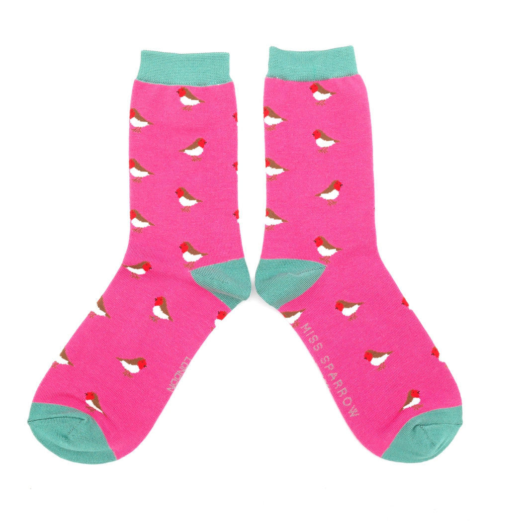 Miss Sparrow Bamboo Little Robins Socks Hot Pink
