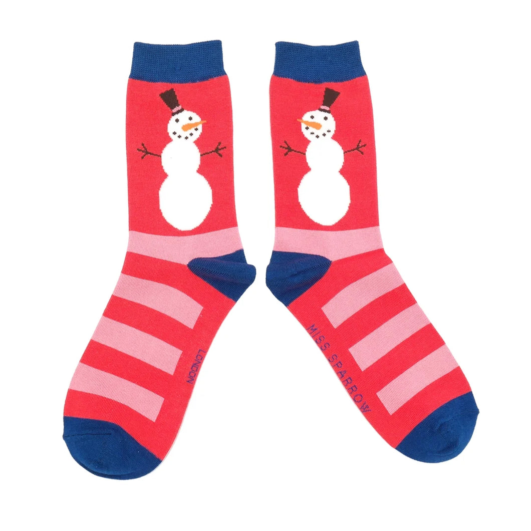 Miss Sparrow Bamboo Snowmen Stripes Socks Red