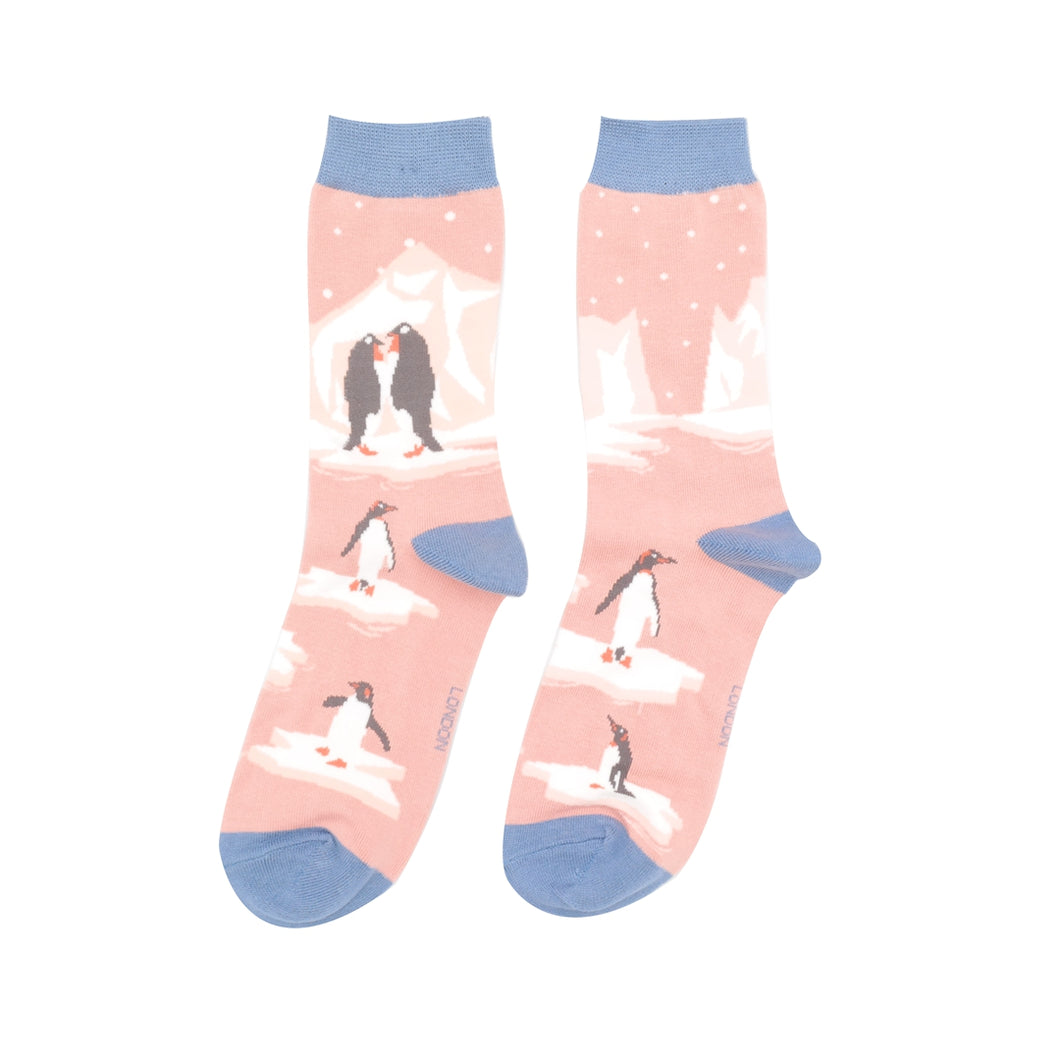 Miss Sparrow Bamboo Penguins on Ice Socks Dusky Pink