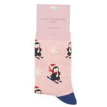 Load image into Gallery viewer, Miss Sparrow Bamboo Socks Skiing Penguins Dusky Pink
