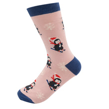 Load image into Gallery viewer, Miss Sparrow Bamboo Socks Skiing Penguins Dusky Pink
