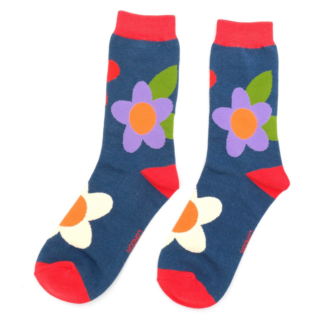 Miss Sparrow Bamboo Large Flowers Socks Navy