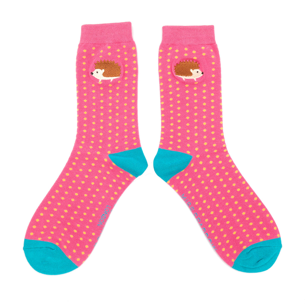 Miss Sparrow Bamboo Socks Embroidered Hedgehogs Hot Pink