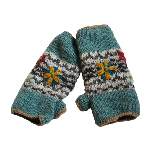 Flower Embroidered Knitted Wool Wrist Warmers at Lamb & Lowe Limited